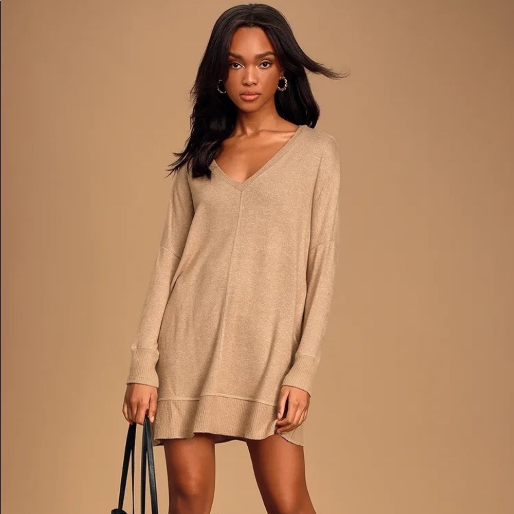 Lulus Estes Park Taupe Long Sleeve Sweater Dress